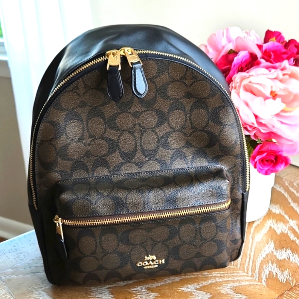 Coach Brown Signature Canvas and Black Leather Backpack